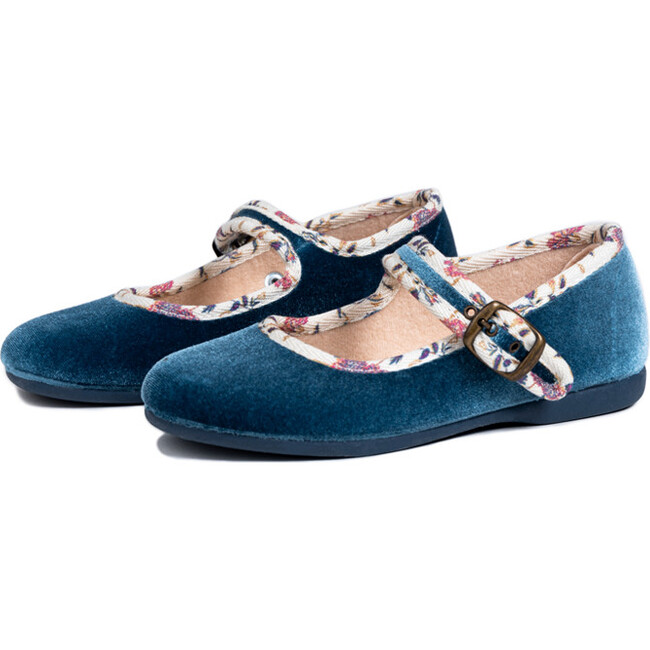 Floral Velvet Mary Janes, Blue - Mary Janes - 4