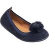 Suede Pom Pom Ballerina, Blue - Flats - 3 - thumbnail