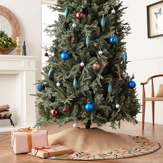 Handmade Christmas Tree Skirt in Jute - Embroidered Forest Scene - 60"