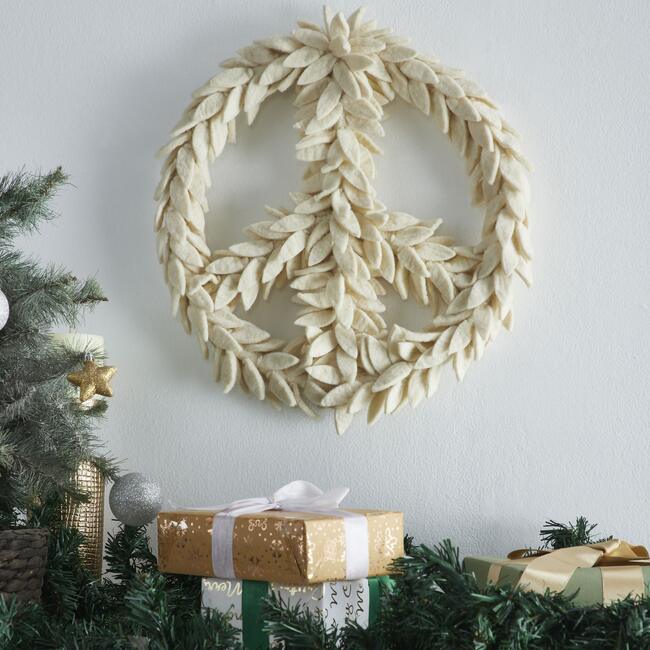 Handmade Hand Felted Wool Wreath - Peace Symbol in Cream - 14" - Wreaths - 3