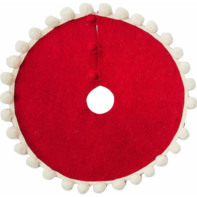 Mini Christmas Tree Skirt - Pom Poms on Red - in Hand Felted Wool - 26" - Tree Skirts - 1