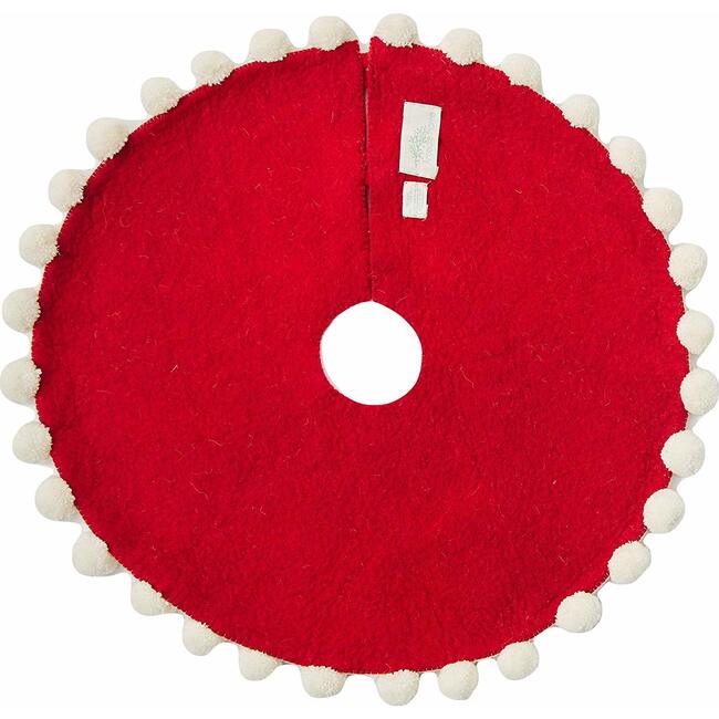 Mini Christmas Tree Skirt - Pom Poms on Red - in Hand Felted Wool - 26" - Tree Skirts - 3