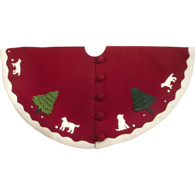 Handmade Christmas Tree Skirt in Hand Felted Wool - Dogs with Trees on Red- 60"