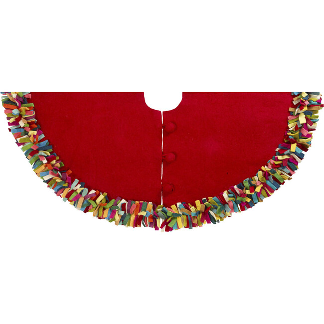 Handmade Felt Wool Christmas Tree Skirt - Multicolor Fringe Border on Red
