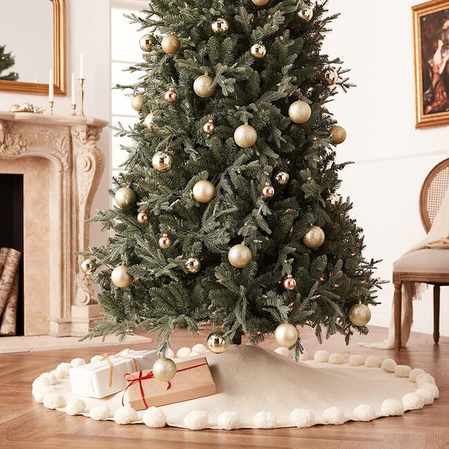Handmade Felt Christmas Tree Skirt - Cream Pom Poms on Cream - 63"