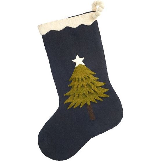 Hand Felted Wool Christmas Stocking - Tree on Navy Blue