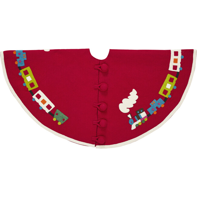 60" Handmade Christmas Tree Skirt in Felt - Toy Train on Red