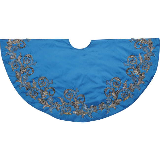 Imperial Blue Hand Beaded Christmas Tree Skirt on Blue Silk