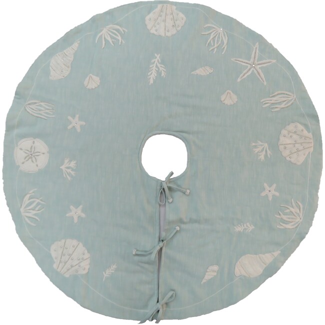 Handmade Christmas Tree Skirt - Seashells on Light Blue Cotton - 60"