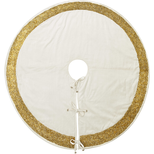 Ivory Velvet Christmas Tree Skirt with Hand Beaded Gold Border - 60"