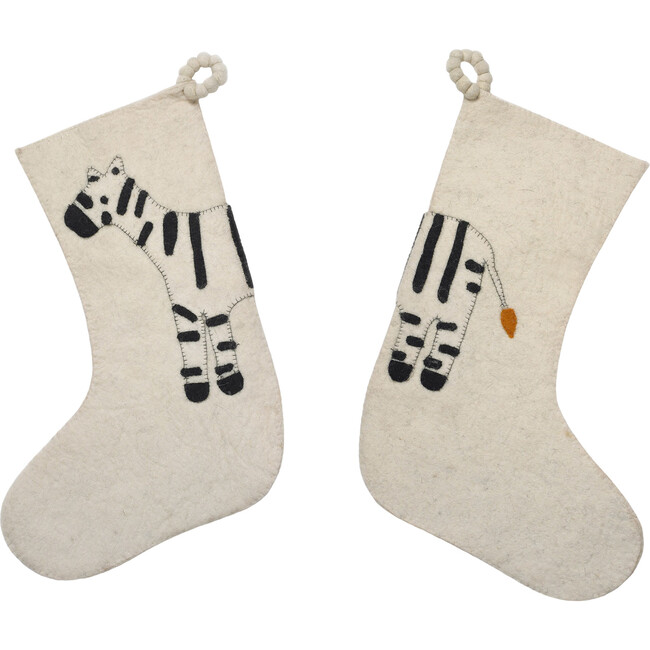 Hand Felted Wool Kids Christmas Stocking - Double Sided Zebra on Cream