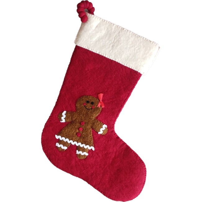 Gingerbread Girl on Red Christmas Stocking in Hand Felted Wool