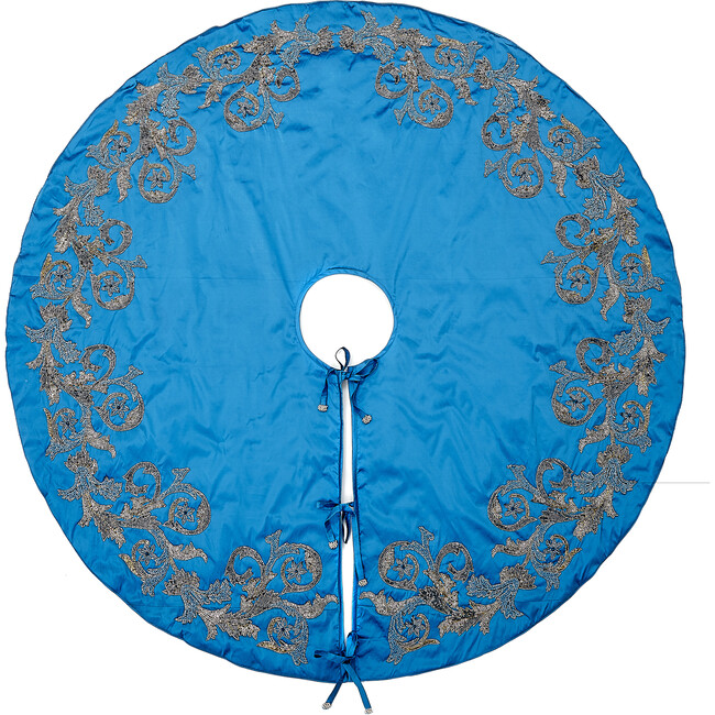 Imperial Blue Hand Beaded Christmas Tree Skirt on Blue Silk