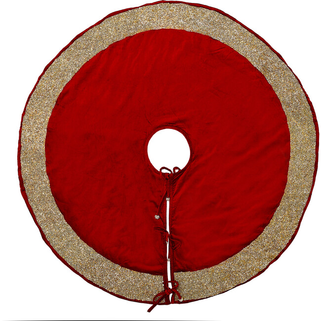 Red Velvet Christmas Tree Skirt with Hand Beaded Gold Border