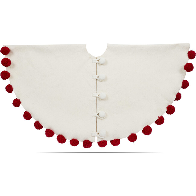 Red Pom Poms on Cream Handmade Felt Christmas Tree Skirt - - 63"