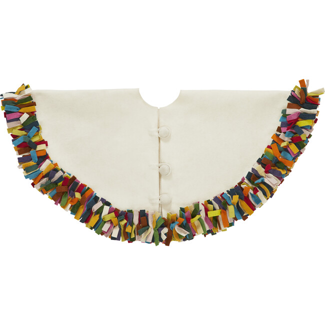 Handmade Felt Christmas Tree Skirt - Multicolor Fringe Border on Cream