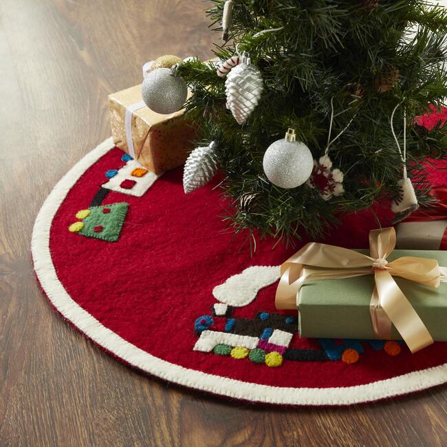 26" Mini Christmas Tree Skirt - Train on Red - in Hand Felted Wool