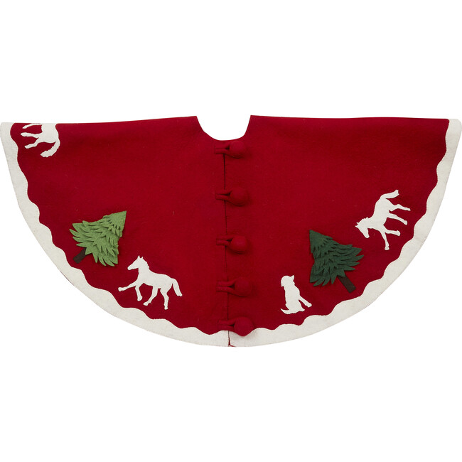 Handmade Christmas Tree Skirt in Hand Felted Wool - Dogs and Horses on Red- 60"