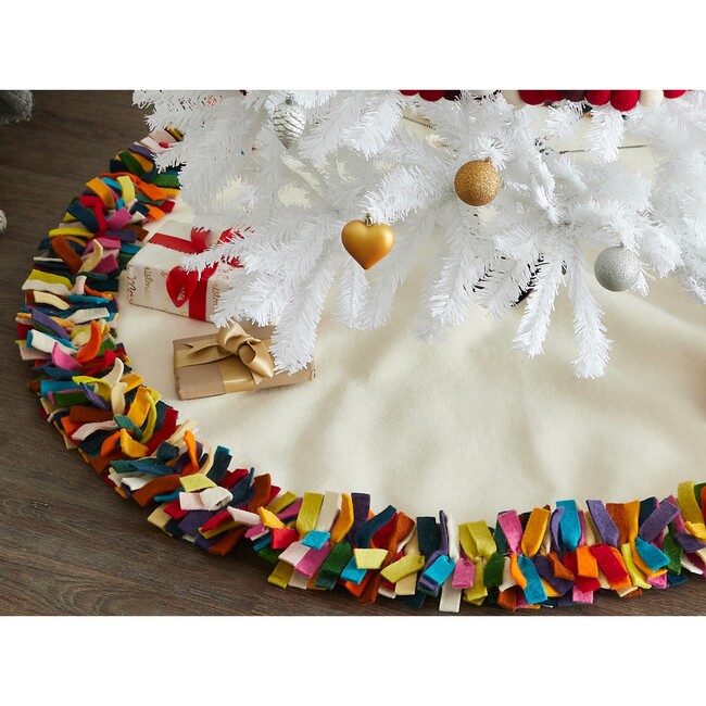 Handmade Felt Christmas Tree Skirt - Multicolor Fringe Border on Cream