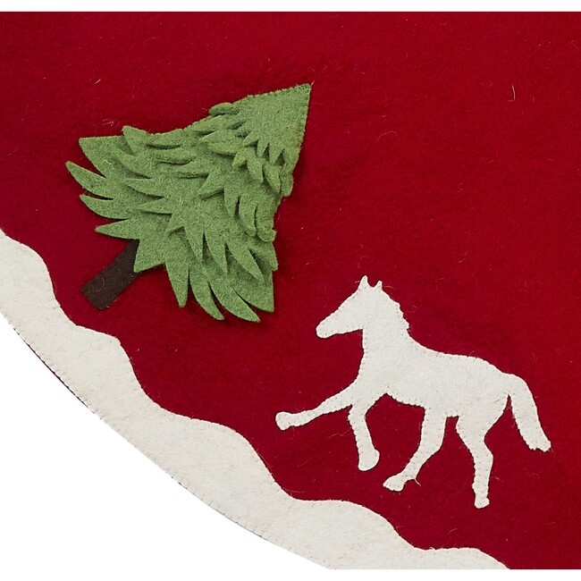 Handmade Christmas Tree Skirt in Hand Felted Wool - Dogs and Horses on Red- 60"