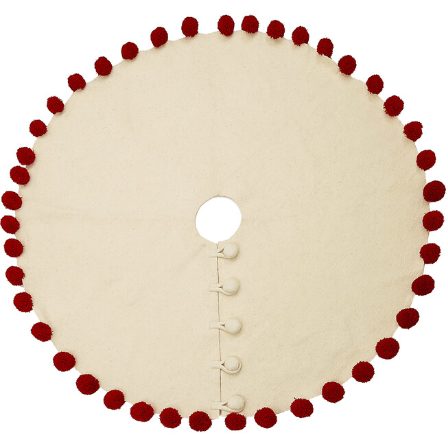 Red Pom Poms on Cream Handmade Felt Christmas Tree Skirt - - 63"