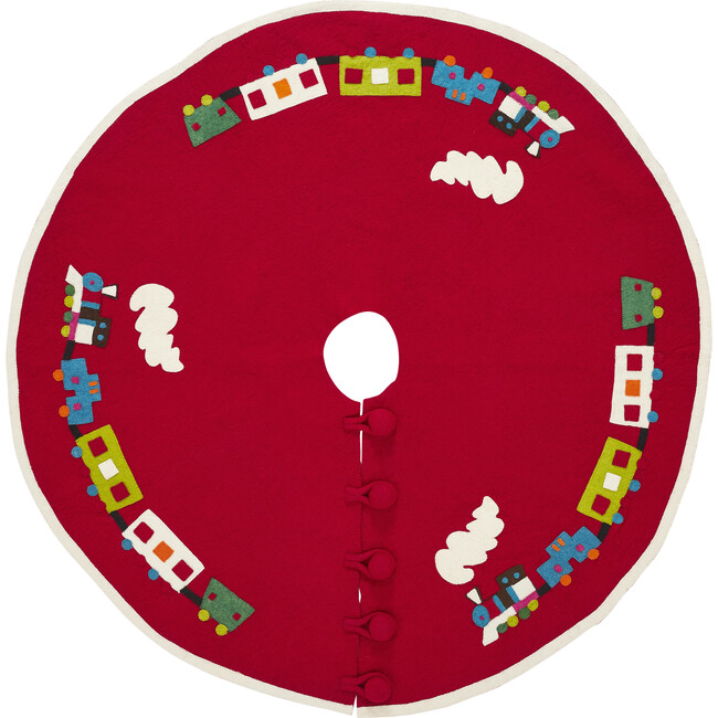 60" Handmade Christmas Tree Skirt in Felt - Toy Train on Red - Tree Skirts - 4