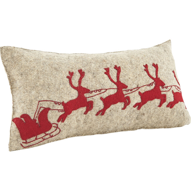 Handmade Christmas Pillow in Hand Felted Wool - Red Reindeer on Gray - 12"x24"