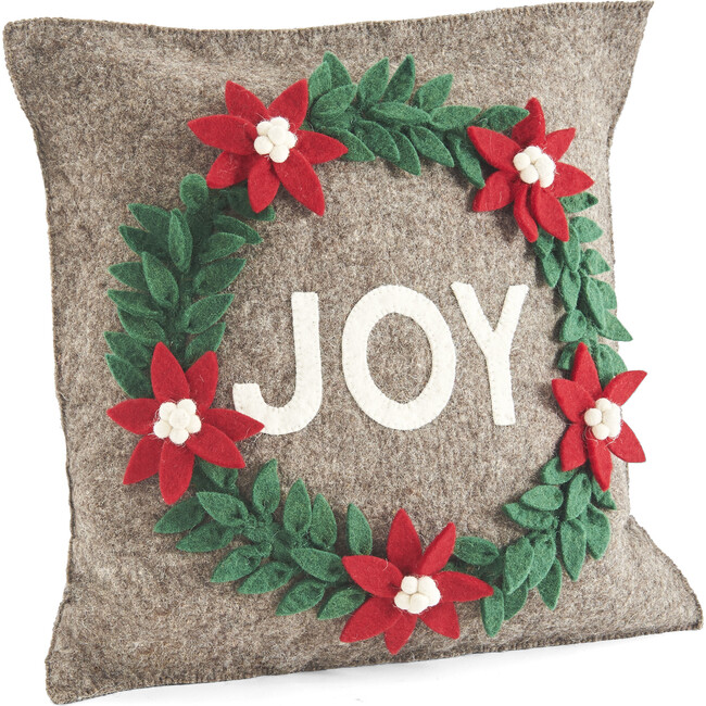 Hand Felted Wool Christmas Pillow - JOY Wreath in Natural Gray - 20"