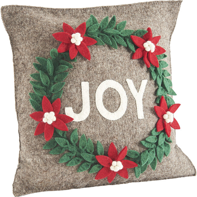 Hand Felted Wool Christmas Pillow - JOY Wreath in Natural Gray - 20"