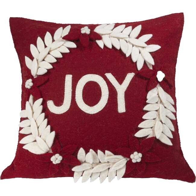 Hand Felted Wool Christmas Pillow - JOY Wreath on Red - 20" - Accents - 1