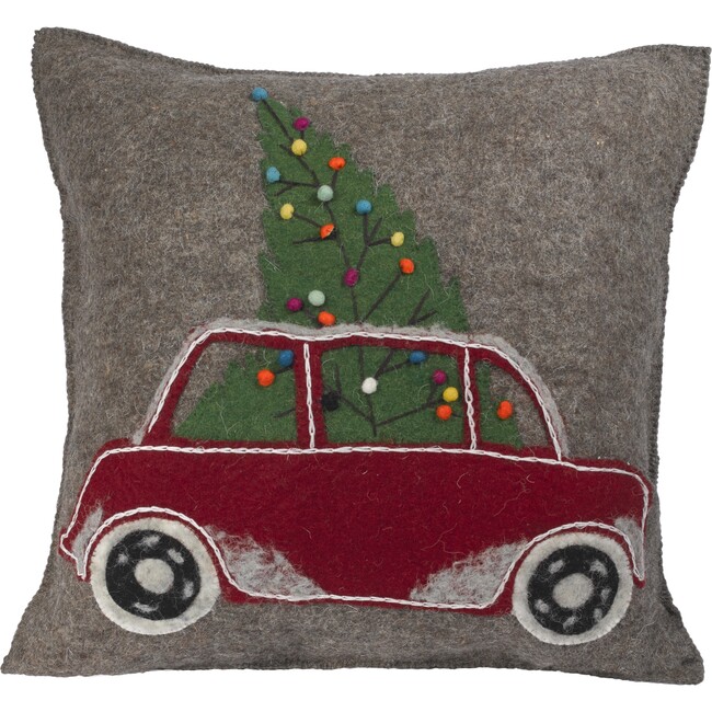Hand Felted Wool Christmas Pillow - Car with Tree on Gray - 20"