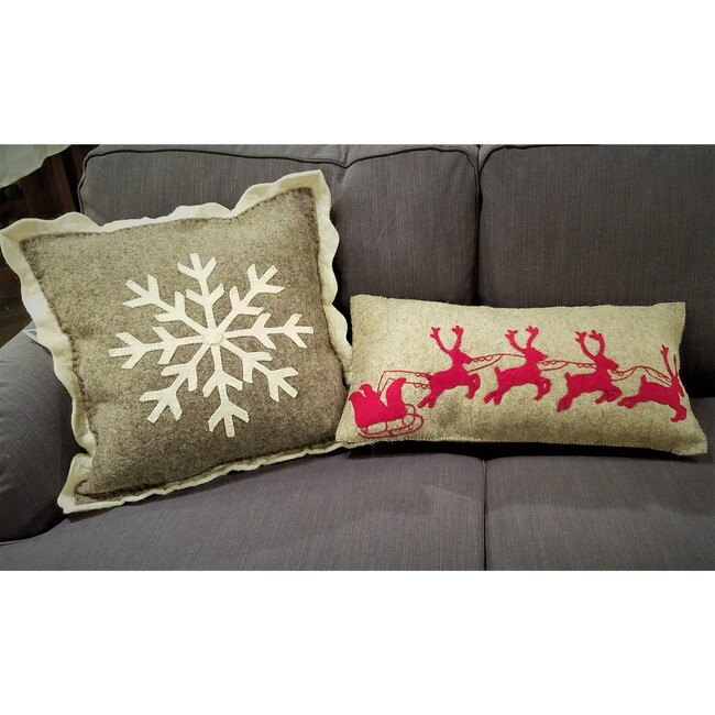 Handmade Christmas Pillow in Hand Felted Wool - Red Reindeer on Gray - 12"x24"