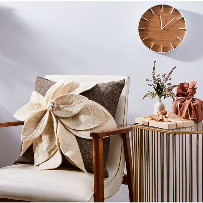 Hand Felted Wool Pillow, 3D Flower on Grey