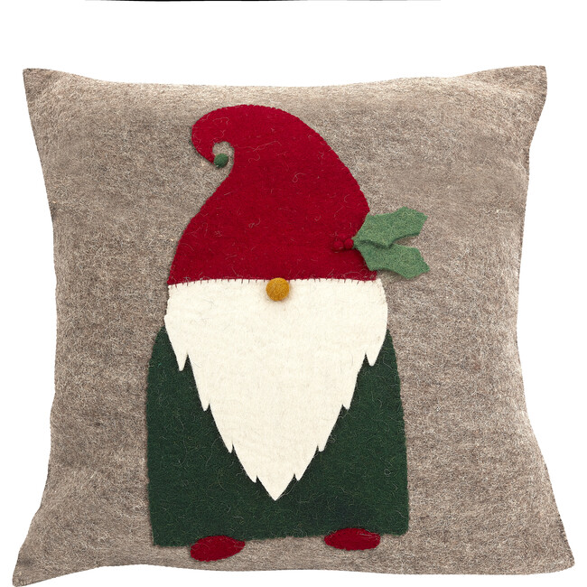 Hand Felted Wool Pillow - Gnome with Red Hat on Gray - 20"