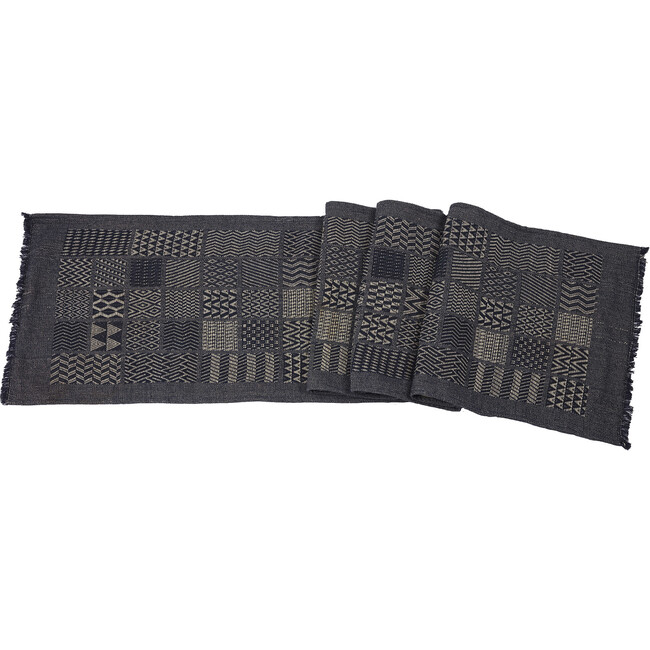 Artisan Hand Loomed Cotton Table Runner, Indigo Blocks