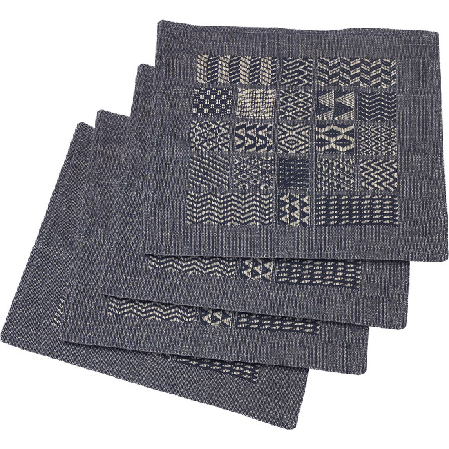 Artisan Hand Loomed Place Mat Set, Indigo Blocks