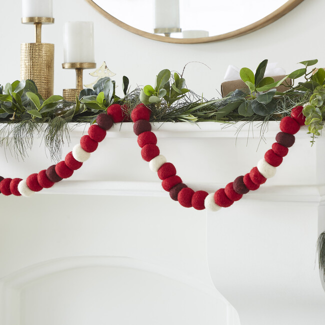Hand Felted Wool Christmas Garland - Red, Maroon, and Cream Balls - 6'