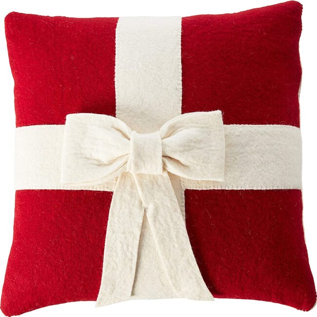Cream Bow on Red Christmas Pillow Cover in Hand Felted Wool, 14"