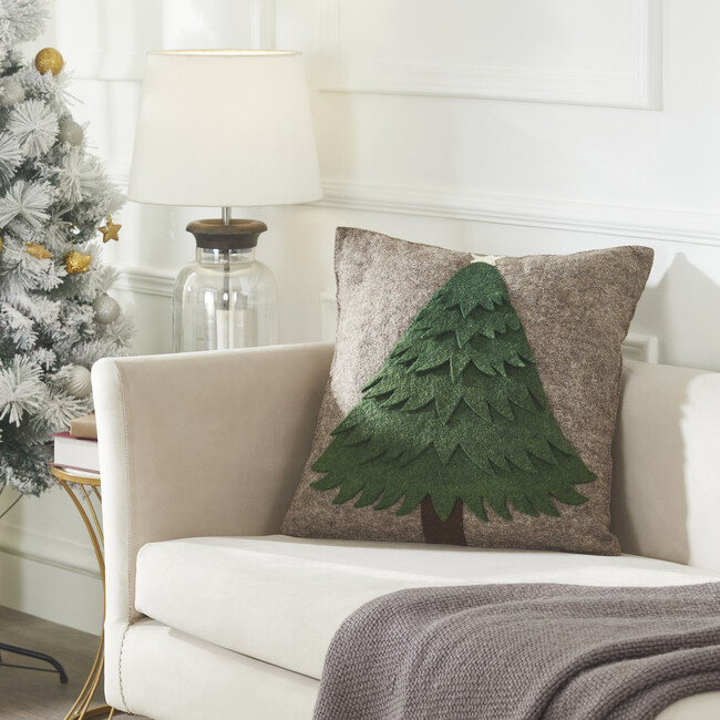 Handmade Christmas Pillow in Hand Felted Wool - Green Tree on Gray - 20"