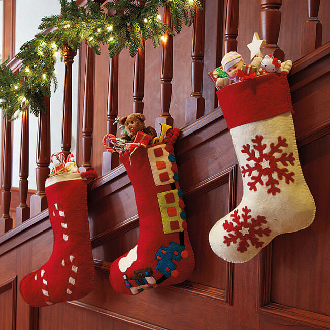 Hand Felted Wool Kids Christmas Stocking, Train on Red