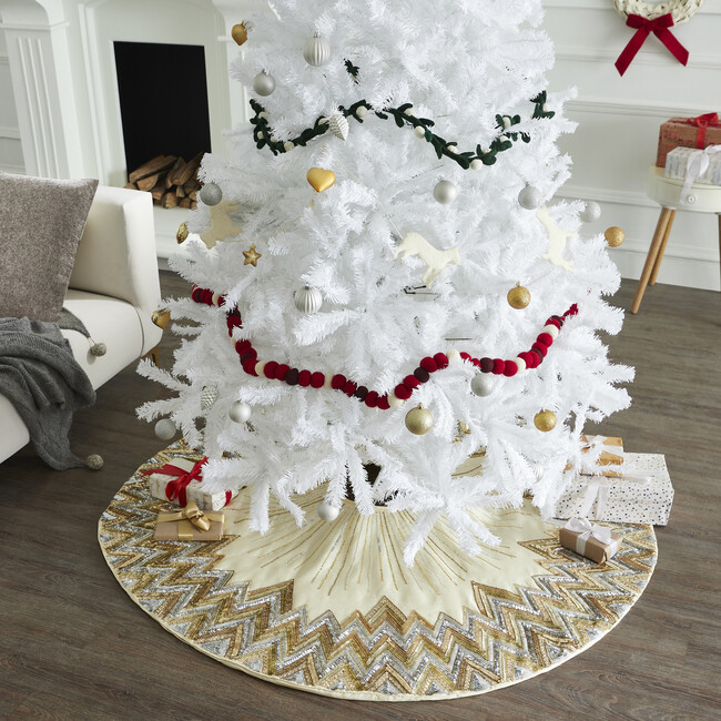 Handmade Christmas Tree Skirt - Hand Beaded Metallic Starburst on French Vanilla Silk - Tree Skirts - 3