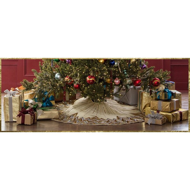 Handmade Christmas Tree Skirt - Hand Beaded Metallic Starburst on French Vanilla Silk - Tree Skirts - 4