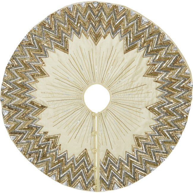 Handmade Christmas Tree Skirt - Hand Beaded Metallic Starburst on French Vanilla Silk - Tree Skirts - 6