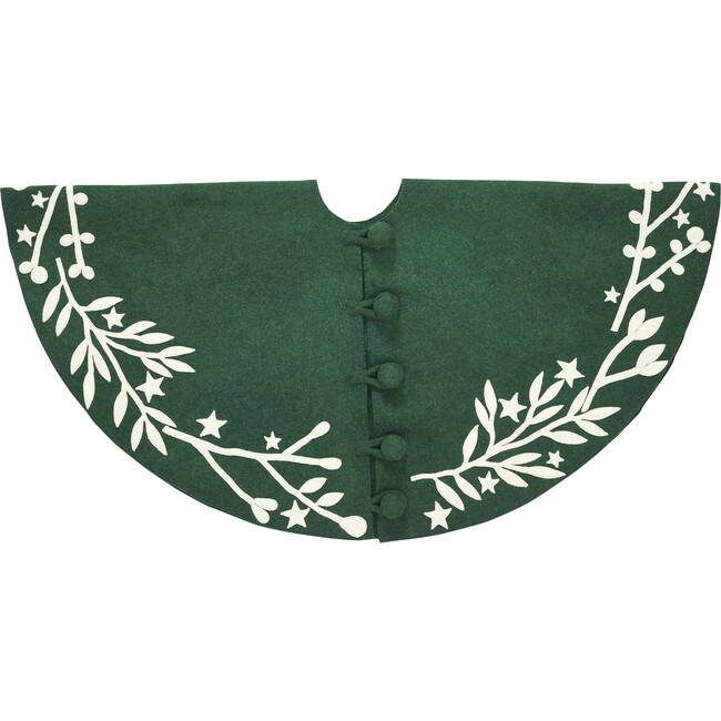 Handmade Green Christmas Tree Skirt in Felt - Cream Branches and Stars - 60"