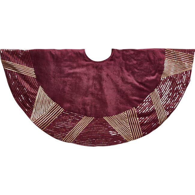 Handmade Christmas Tree Skirt 60", Hand Beaded Sequins on Burgundy Velvet - Tree Skirts - 1
