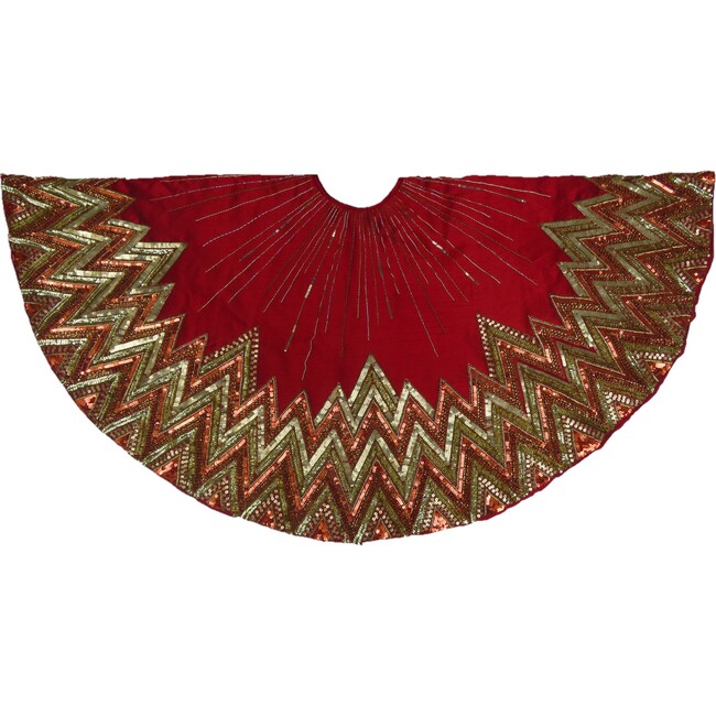 Handmade Christmas Tree Skirt - Hand Beaded Metallic Starburst on Garnet Red- 60"
