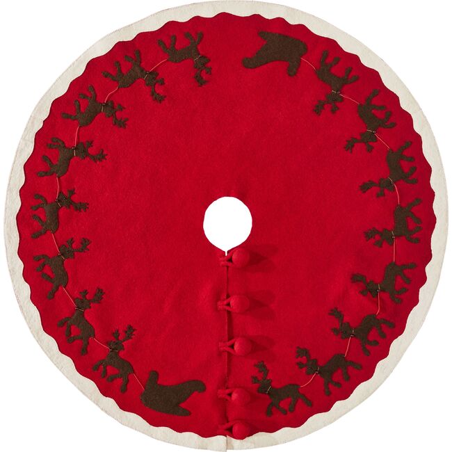 Handmade Christmas Tree Skirt in Felt - Sleigh and Reindeer on Red - 60"
