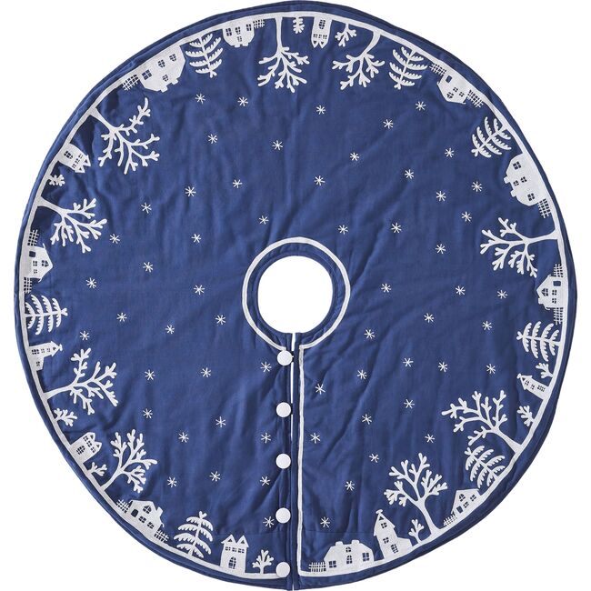 Handmade Christmas Tree Skirt in Cotton - Village Scene on Navy Blue - 60"