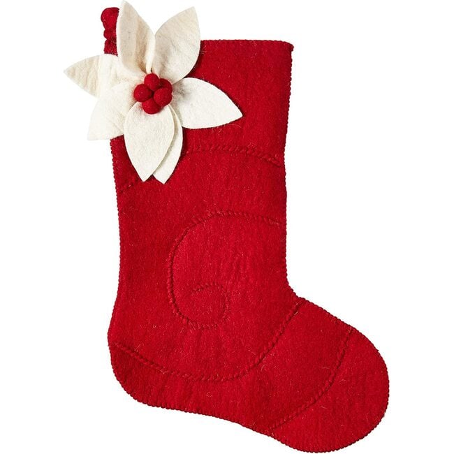 Hand Felted Wool Christmas Stocking - Poinsettia in Red - Stockings - 1