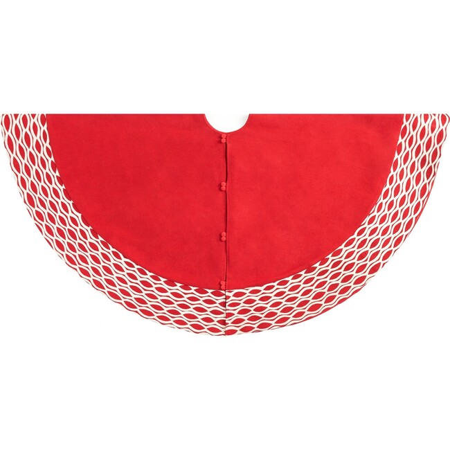Handmade Christmas Tree Skirt in Recycled Wool - Ovals Border on Red - 60"